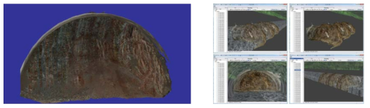 이미지 기반 굴진면 3D 모델(좌측) 및 3D 터널 모델 위치좌표 연계 모델링(우측) 예시