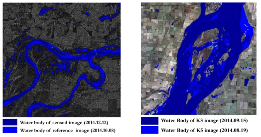 Results of water body change detection (left) KOMPSAT-5, KOMPSAT-5 (right) KOMPSAT-3, KOMPSAT-5