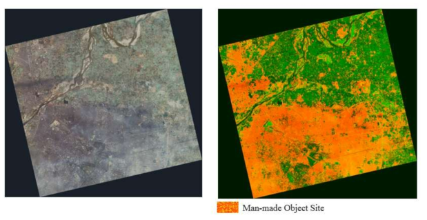 Classification of man-made object site in full image (a) KOMPSAT-3 image (b) man-made object site after closing operation and NDVI analysis