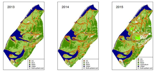 The change of vegetation biotope and land use in 2013, 2014 and 2015