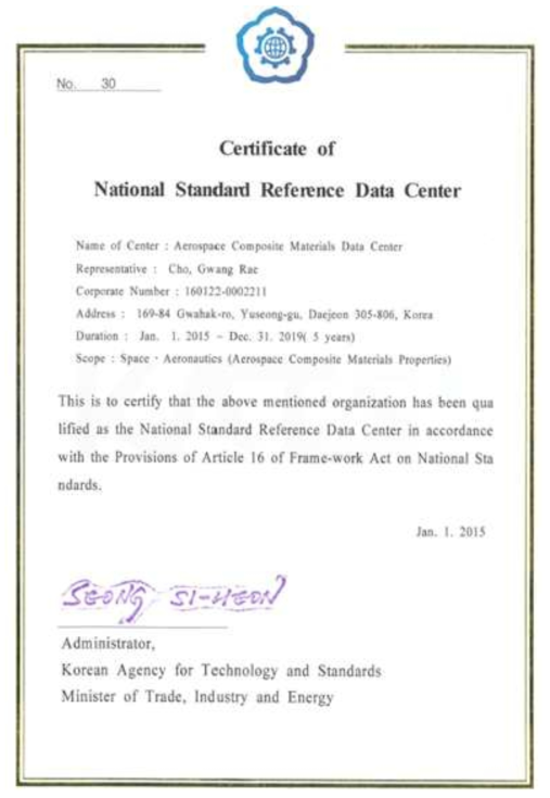 Certificate of Aerospace Composite Materials Data Center