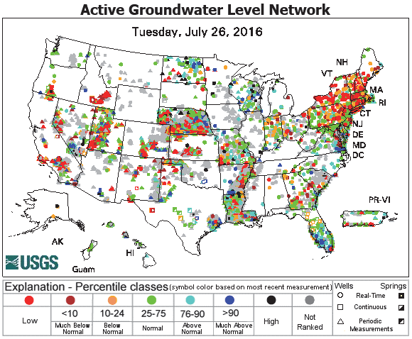 미국 USGS의 지하수 분포 및 수위 지도