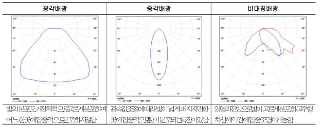 시인성 평가에 사용한 배광곡선 표