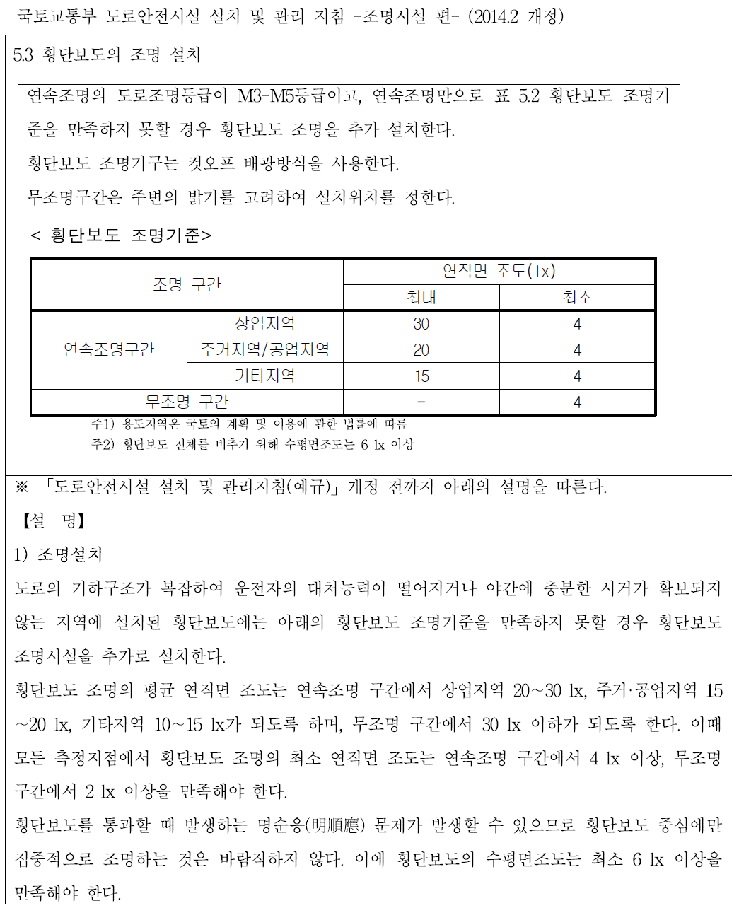 국토교통부 도로안전시설 설치 및 관리 지침 -조명시설 편- (2014.2 개정)