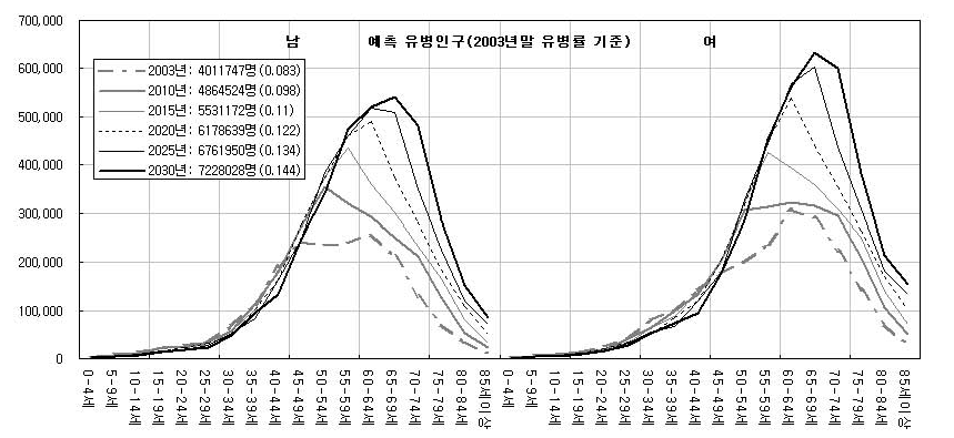 인구구조 변동에 따른 당뇨 환자규모 예측결과 (2003년-2006년)