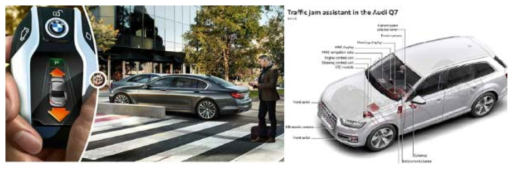 BMW 7-series와 Au야 Q7 차량에 탑재되어 있는 자동주행 기술 예시