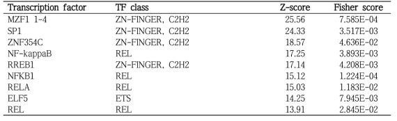 M1, M2 활성화 시 의해 통계적으로 유의성 있게 변하는 554개 유전자에 대한 overrepresented 된 oPUSSUM transcription factor binding sites (modified Fisher Exact P-value < 0.05)