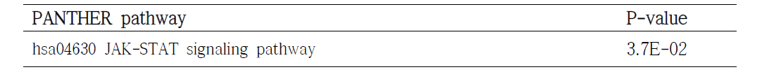 M1과 M2 활성화 시 의해 통계적으로 유의성있게 변하는 554개 유전자에 대한 overrepresented 된 PANTHER pathways (modified Fisher Exact P-value < 0.05)