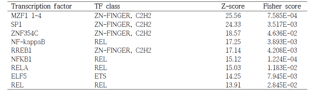 M1, M2 활성화 시 의해 통계적으로 유의성 있게 변하는 554개 유전자에 대한 overrepresented 된 oPUSSUM transcription factor binding sites (modified Fisher Exact P-value < 0.05)