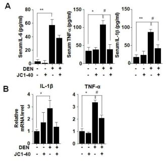 NR1F1 활성 약물 JC1-40에 의한 DEN-유도 염증성 사이토카인 발현 변화