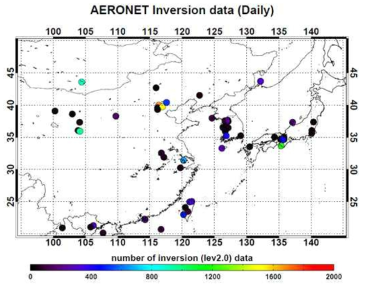 Location of AERONET sites and the number of inversion data which was used to combine aerosol optical model.