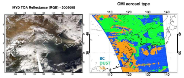 MODIS RGB image (left) and an example of selected aerosol type (right)