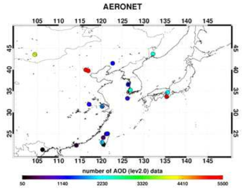 Map of AERONET sites used to validate the retrieved AOD and SSA. The color indicate number of measurement for each site.