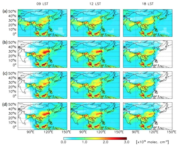 (a) HCHO VCDs simulated by GEOS-Chem at 9, 12, and 18 local standard time (LST) of Seoul on 21 June 2009. (b) Retrieved HCHO VCDs with AMFm. (c) Retrieved HCHO VCDs with AMFh. (d) Retrieved HCHO VCDs with AMFmh.