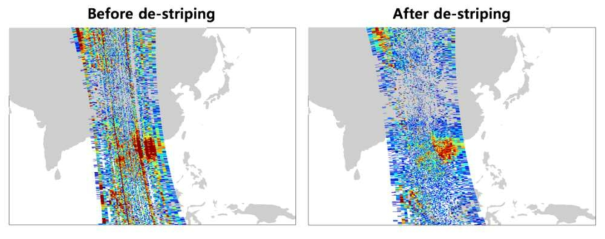 Left and right represent HCHO SCDs before and after de-striping on 3349 orbit.