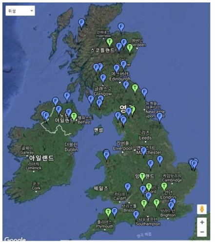 영국 ECN의 생태관측대 설치지점 (육상생태계: 12, 수생태계: 호수 15, 강 29)