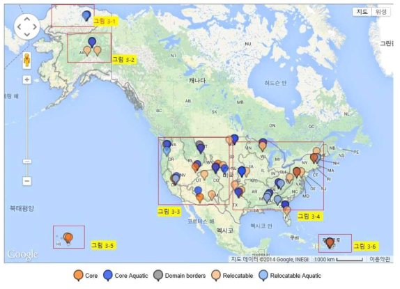 미국의 생태관측대 별 조사지역 선정 현황 (106개 지역; 육상 60, 수생 46)