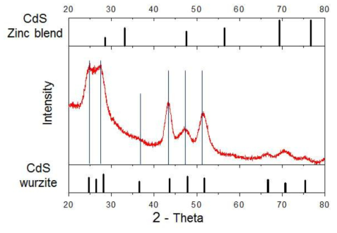 합성한 CdS 양자점의 XRD 피크, CdS Wurize 구조와 Zinc blende 구조의 XRD 패턴.