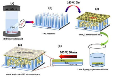 Schematic of (a–c) the hydrothermal synthesis of TiO2 and ZT on FTO, and (d,e) fabrication of the metal oxide-coated ZT/FTO heterostructured photoanode