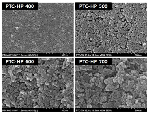 소성 온도에 따른 PTC-HP(0.3) 산화티탄의 SEM 이미지