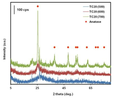 소성 온도에 따른 TC20 슬러지 산화티탄의 XRD 패턴