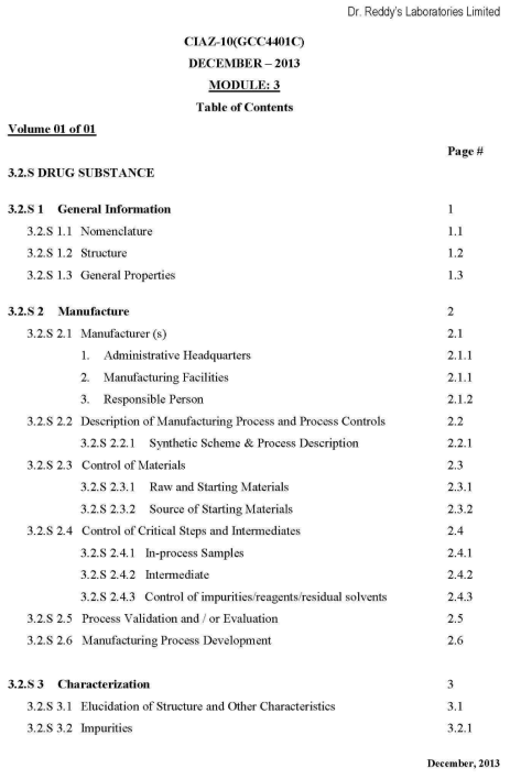 Drug substance CMC document table of contents-1