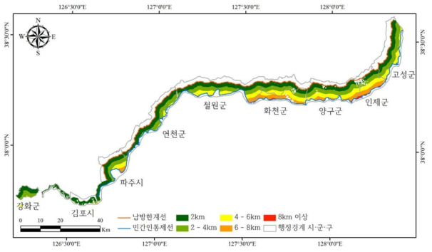 남방한계선으로부터 접근성에 따른 시·군별 토지피복분포