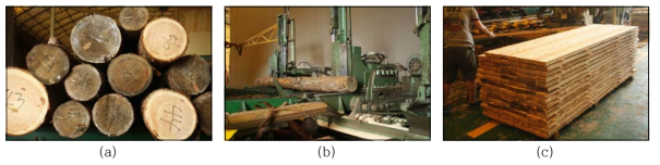 낙엽송 원목의 제재수율 평가; (a) 낙엽송 원목, (b) 원목제재기(SK임업), (c) CLT용 판재