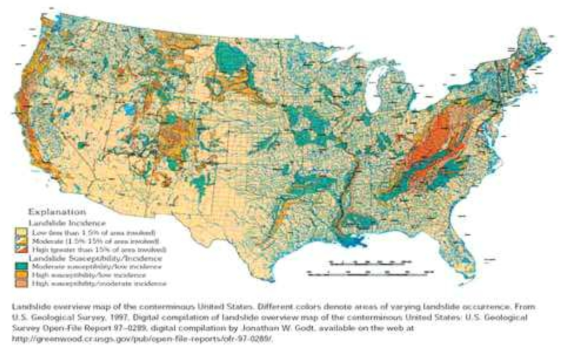 미국 USGS에서 발간한 미국 전역의 지역별 산사태 위험