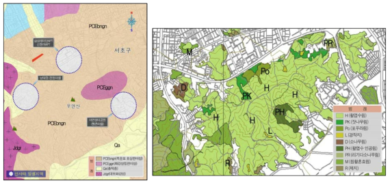 서울시 우면산의 지질(좌) 및 임상(우) 분포도