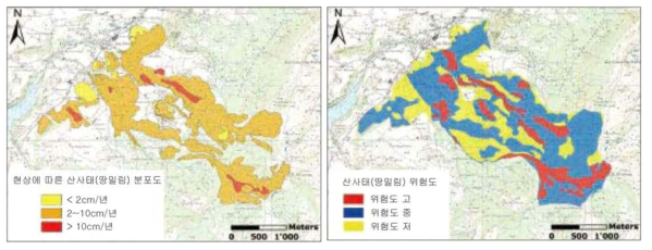 산사태(땅밀림)의 현상별 강도 분포지도(좌) 및 재해위험지도(우)