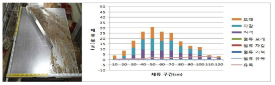 Case 21에서의 유목+토석 체류 전경(좌) 및 구간별 평균 체류율(우)