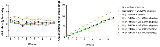 비알코올성 동물모델의 시험물질 투여 이후 사료섭취량(left) 및 누적 사료섭취량(right)
