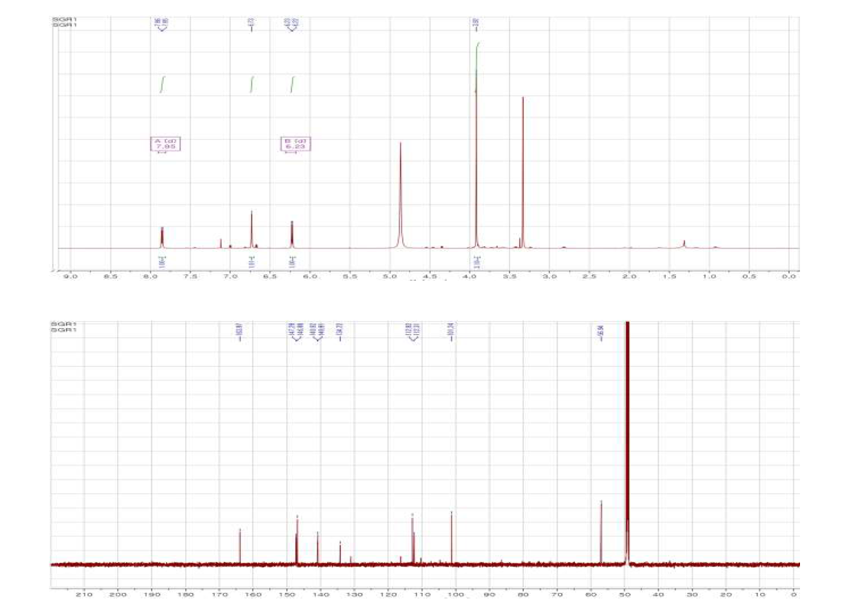 The 1H NMR (700 MHz), 13C NMR (175 MHz) spectrum of SGR1(6,8-dihydroxy-7-methoxy-2H-1-Benzopyran-2-one)