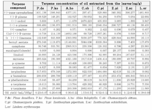 추출한 정유의 테르펜화합물 및 수율에 관한 정량 분석 결과