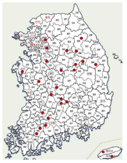 전국 27개소 산양삼 모니터링구 재배지 위치