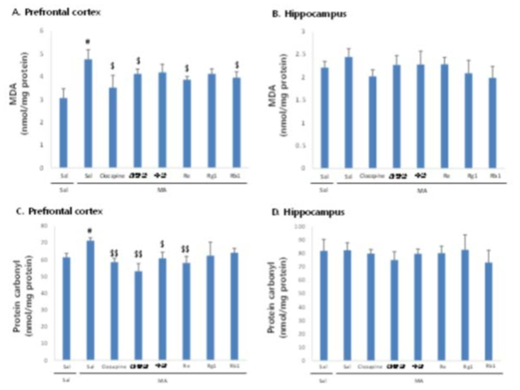 메탐페타민 (MA)에 의한 전전두엽에서의 malondialdehyde (A)와 protein carbonyl (C)의 증가에 대한 산양삼의 약리효과. MA의 투여가 해마조직에서는 이들 산화적 스트레스 지표에 대해 유의한 변화를 유도하지 않았음 (B, D). 각 수치는 5 마리의 평균 ± 표준오차를 의미함.