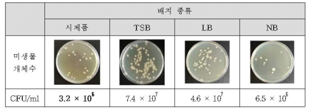 배지종류에 따른 미생물(B. licheniformis MH48) 개체수 결과