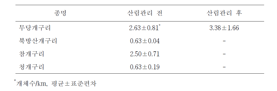 산림관리 전과 후 낙엽송 조림지에서 확인된 양서류의 월평균 개체수