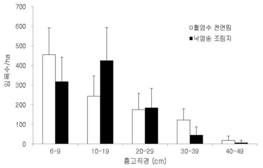 산림관리 전 활엽수 천연림과 낙엽송 조림지에서 임목의 흉고직경 분포