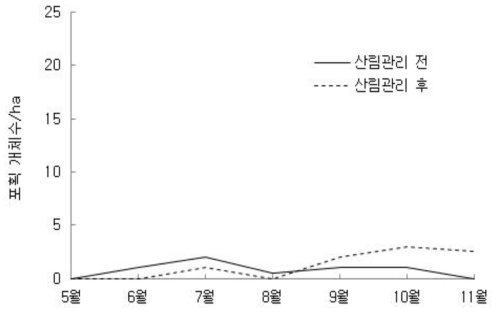 산림관리 전과 후 활엽수 천연림에서 흰넓적다리붉은쥐의 월별 포획된 평균 개체수 추이