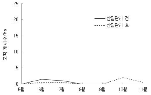 산림관리 전과 후 활엽수 천연림에서 다람쥐의 월별 포획된 평균 개체수 추이