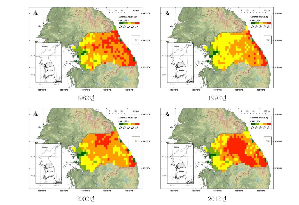 온대 북부 지역 생육기간(4-10월) 평균 NDVI 공간적 분포 양상(10년 단위)