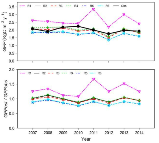 임관 복사 전달 모듈에 따른 연간 GPP 변화 및 플럭스타워 추정 GPP와의 비교