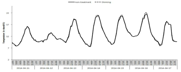 2014년 4월 11일부터 4월 17일까지 잣나무림에서 임내 온도의 변화(non-treatment:비작업지, thinning: 2010년 솎아베기 작업지)