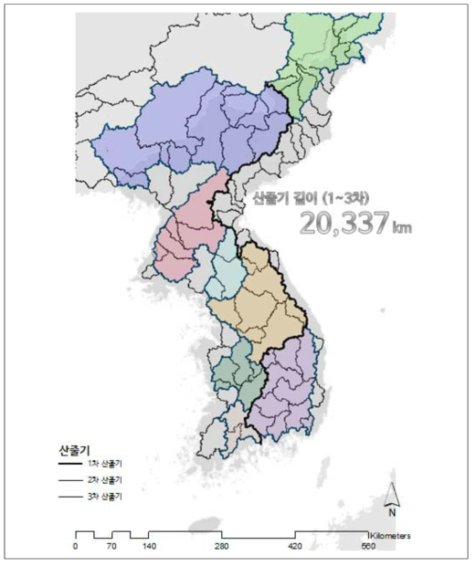 2차 본류 및 2차 지류를 가르는 3차 산줄기(1차~3차)