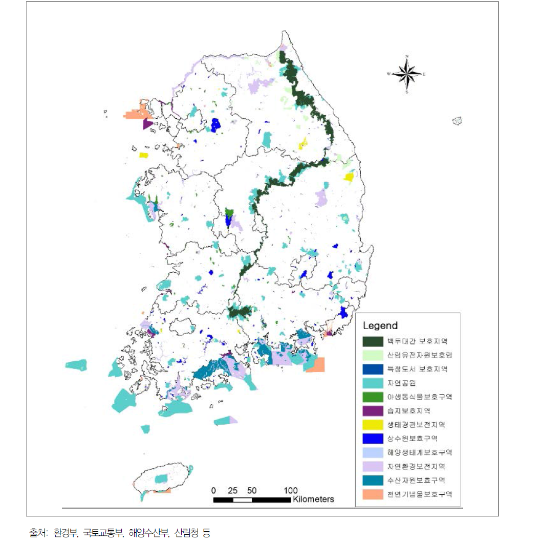 현재 우리나라 보호지역 분포 현황