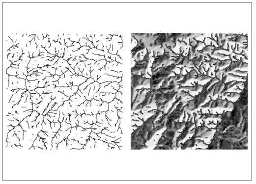 (좌) PPA 알고리즘을 이용한 산등성 추출, (우) 음영기복도와 산등성의 중첩