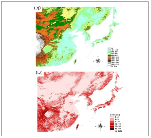 동아시아 지역 (가)음영기복도와 (나)경사도
