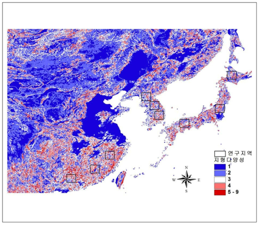 동아시아 지역의 지형다양성 결과 및 세부연구지역의 위치